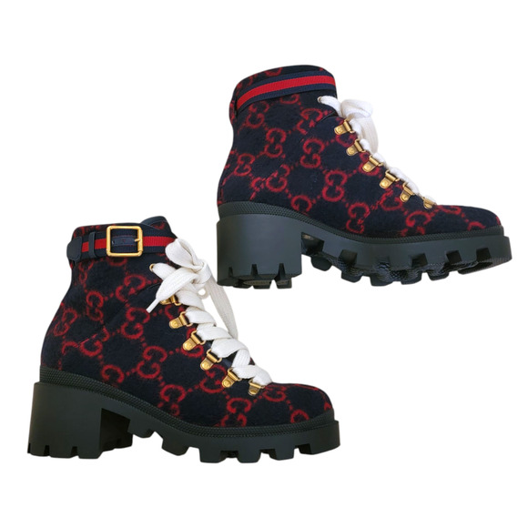 Gucci GG Monogram Navy Blue Red Lace Up Combat Web Platform Ankle Boots 7.5 37.5 - Picture 1 of 13